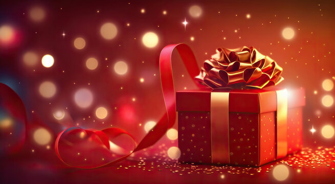 Gift box with bow on red background with bokeh. Based on Generative AI