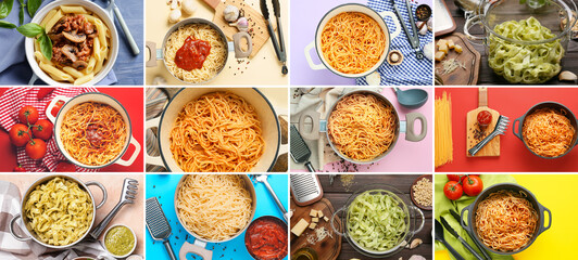 Collage of cooking pots with tasty boiled pasta
