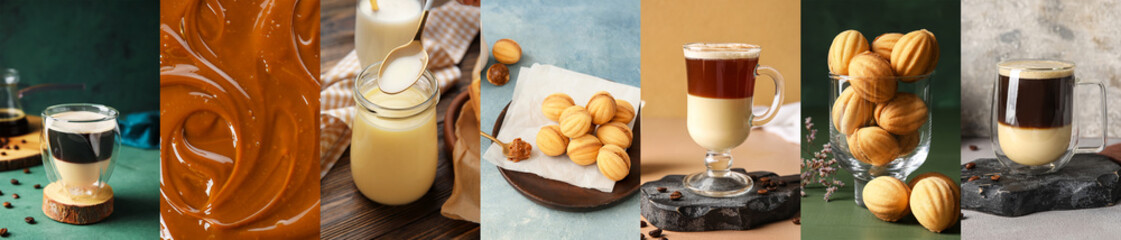 Collage of sweet condensed milk with tasty walnut shaped cookies and cafe bombon drink