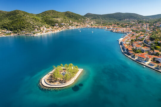 Aerial view of Lazareto island on Ithaca island, Kefalonia, Ionian sea, Greece