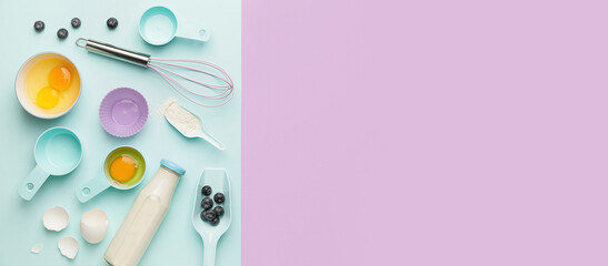 Ingredients for preparing bakery and utensils on color background with space for text