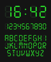 Digital clock number set. Vector illustration of electronic figures, digital font, alarm clock letters and numbers. Display with system numbers, green led symbols. Electronic figures for web design