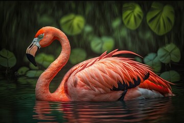 Obraz premium Phoenicopterus ruber, or the American flamingo, or the Caribbean flamingo. Big Bird is enjoying the summer by taking it easy. A green background from nature. Generative AI