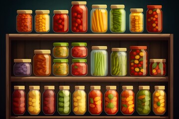 cartoon illustration, two wooden shelves containing a variety of vegetables, ai generative