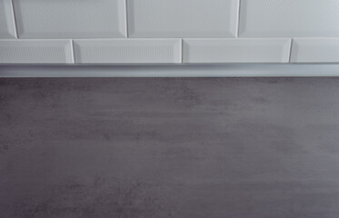 Kitchen background with grey textured countertop and white tile wall