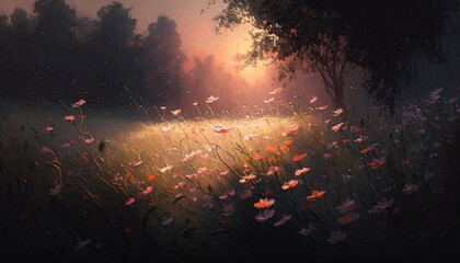 Experience the Serenity of Spring. Watercolor Painting of a Delicate Wildflower Meadow. Generative AI