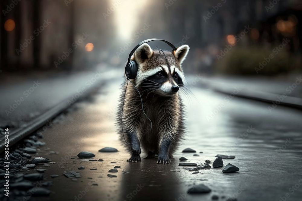 Canvas Prints Raccoon walks with headphones Generative AI