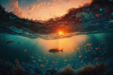 Obraz na płótnie Canvas Sunset underwater Generative AI