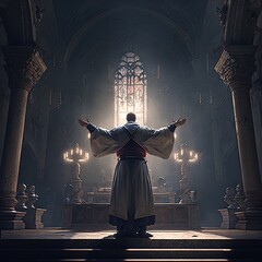 A priest is praying in the church created by generative AI
