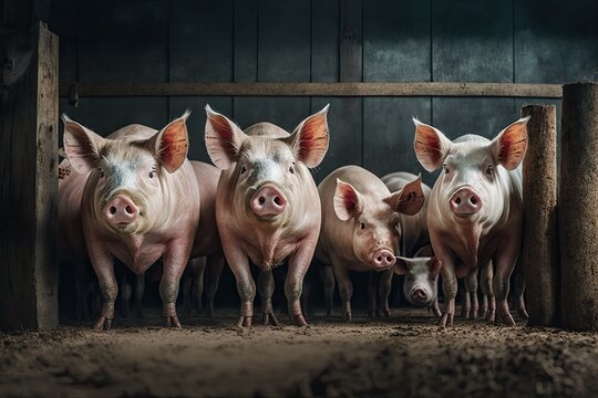 Pigs in a barnyard waiting to be fed. pigs were in the pen. Portrait animal. Generative AI