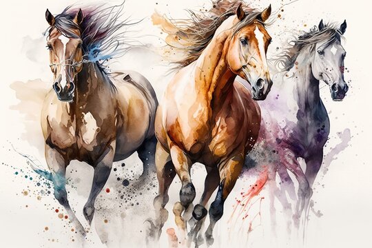  Watercolor drawing of a running horses created by generative AI