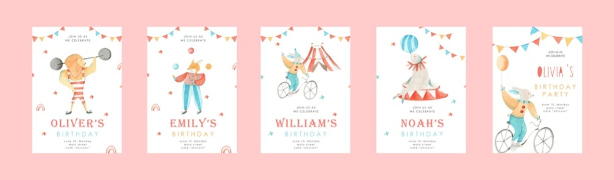 Watercolor Circus Illustrations - Nursery animals isolated png, postcards, baby shower invitations