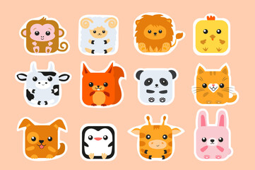 Cute animal square face. Vector flat illustration.