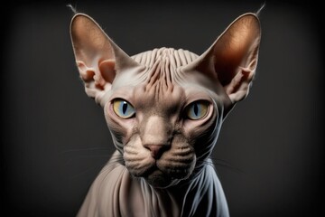 Portrait of a Canadian Sphynx cat, which is bald. Background wallpaper with a cat, a pet, or a kitty. Strange hairless sphinx cat with a serious look on its face. Veterinarian idea. Animals care