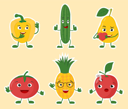 Funni fruit and vegetable character sticker set.Vector illustration.