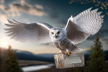 A magical white owl delivers a letter to a magical school. AI generation - obrazy, fototapety, plakaty