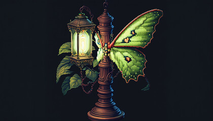 Pixel art 16 bits 1980, a luna moth flying next to a Victorian lamp, garden background - obrazy, fototapety, plakaty