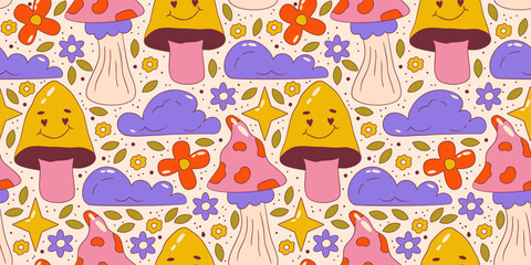 Trippy groovy flower seamles pattern. Retro groovy floral pattern with mushroom and cloud. Psychedelic cartoon design. Summer seamless background. Vector illustration