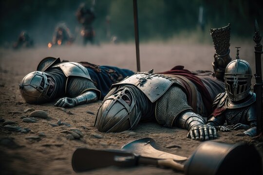 After Epic Battle Bodies of Dead, Massacred Medieval Knights Lying on Battlefield. AI generation