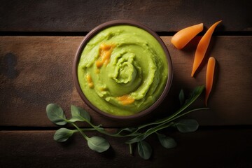Baby vegetable puree on wooden background top view. AI generation