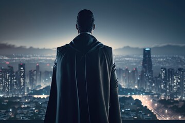 Fototapeta na wymiar Businessman in suit and cape hero stand at rooftop looking great cityscape view and thinking business plan of the future. AI generation
