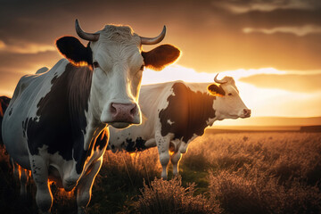 Cows herd on a grass field during the summer at sunset. A cow is looking at the camera sun rays. AI Generation