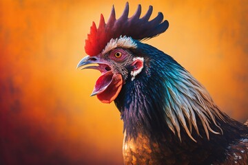 Portrait of a beautiful, colorful rooster crowing against an orange background with bokeh. The comb on the rooster is bright red. A domestic bird singing close up on a farm is a symbol of the country