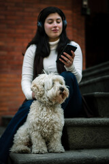 The fluffy white dog looks into the distance. The owner of him is back in the background listening to music. Relaxed girl with her dog listening to music from the cell phone.