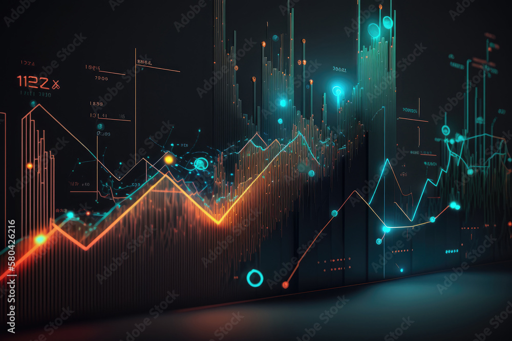 Poster financial digital graphs, glowing lines and diagram on digital screen. data analytics for business s