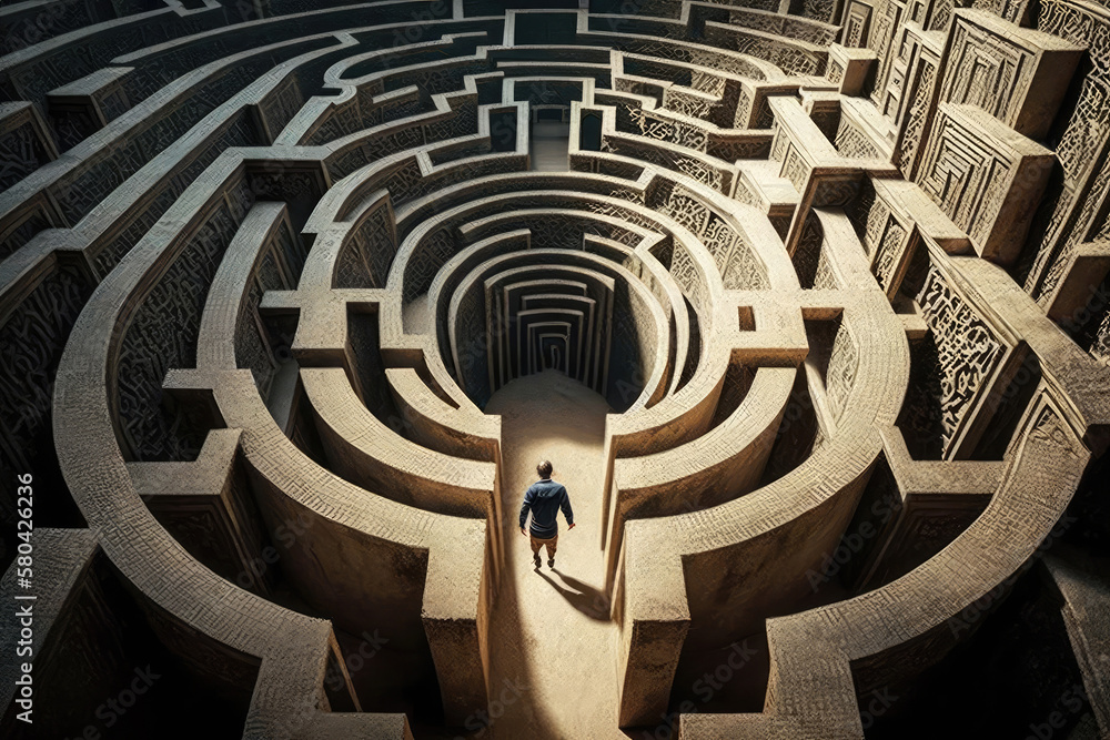 Poster man in maze is looking for way out. concept of finding right solutions in life. figure of man in lab