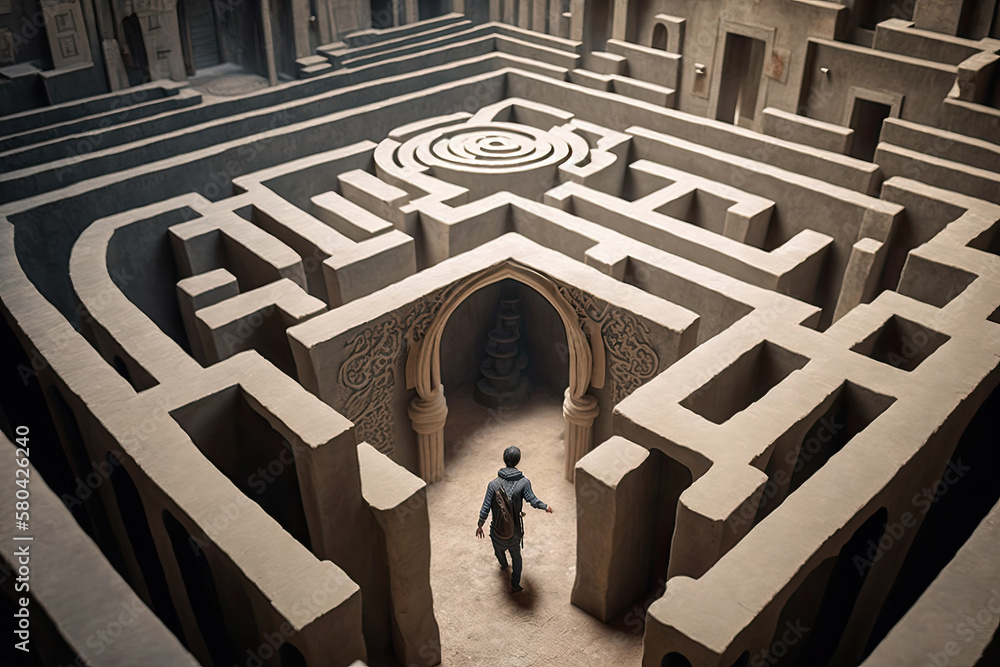 Poster man in maze is looking for way out. concept of finding right solutions in life. figure of man in lab