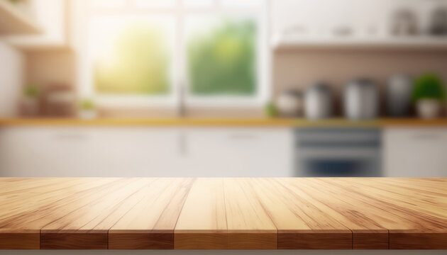 Wooden table with a defocused kitchen room. For montage product display. Copy space. Generative ai..
