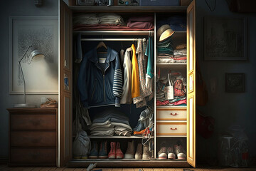 Obraz na płótnie Canvas Closet with neatly laid out clothes. Interior of wardrobe with clothes on shelves. Created with Generative AI