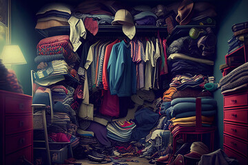 Fototapeta na wymiar Untidy closet with bunch of messy clothes. Wardrobe in room with thrown clothes on shelf. Created with Generative AI