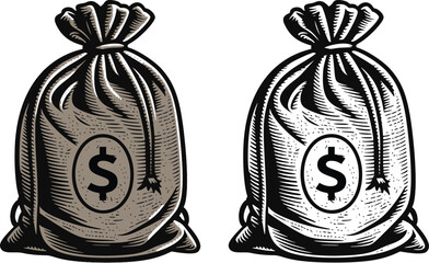 Money bag with dollar symbol. Hand drawn vintage engraving style woodcut vector illustration.