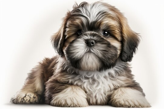 On a white background is a picture of a young and happy Shi tzu dog puppy. Animal based. Generative AI