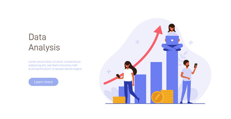 Analyst looks graph of earnings growth. Marketing data analysis. Business profit report. Successful investment of capital or money. Modern flat colorful vector illustration for banner, poster.