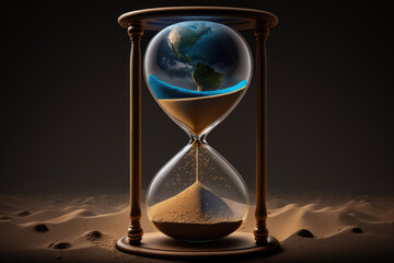 Earth planet in hourglass, Global warming concept, Earth day, Earth hour,generative ai.
