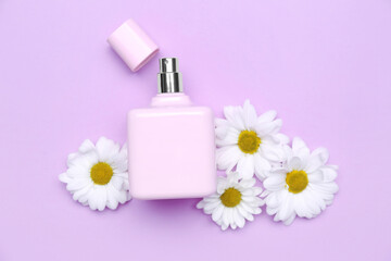 Composition with bottle of perfume and beautiful chamomile flowers on lilac background