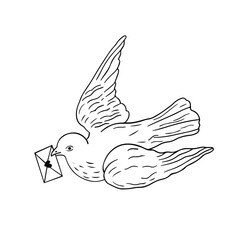 A bird is carrying an envelope. Messaging, contact, communication, chatting concept. Thin line cute vector illustration on white background.
