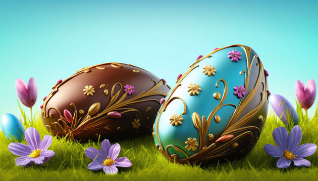 Festive ornate chocolate easter eggs in grass on sky background, Happy Easter Generative AI image	