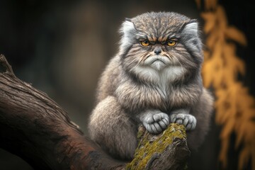 Pallas cat, also called Manul (Otocolobus manul), is sitting on a branch. A funny wild Asian cat with a grumpy face. Generative AI