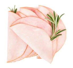 Tasty slices of ham and rosemary isolated on white background