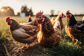 Chickens at a traditional free-range poultry farm. a flock of chickens grazing on the grass. AI Generation