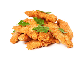 Heap of tasty nuggets with parsley on white background
