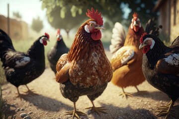 Chickens at a traditional free-range poultry farm. a flock of chickens grazing on the grass. AI Generation