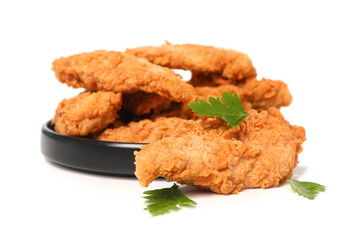 Plate of tasty nuggets on white background