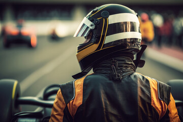 Formula one racing. Driver in helmet before start of competition. AI generated