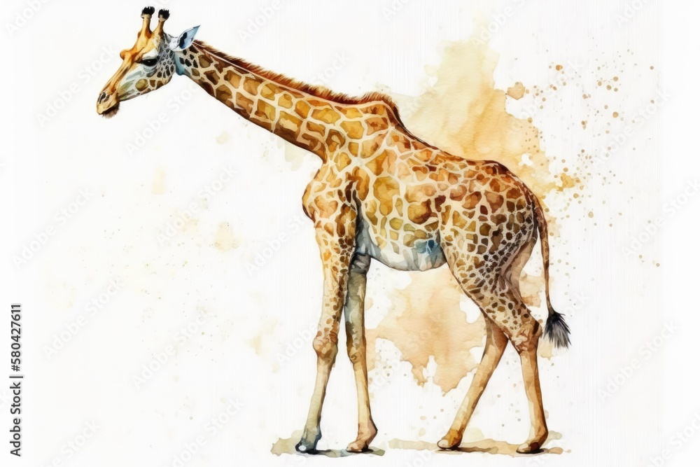 Canvas Prints Painting with watercolors. A giraffe's picture. Safari. Mammal with four toes. On a white background by itself. Generative AI