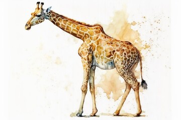 Painting with watercolors. A giraffe's picture. Safari. Mammal with four toes. On a white background by itself. Generative AI